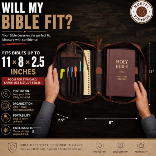 11 x 8 inch Genuine Leather Bible Cover for Men & Bible Case Women Organizer with Handle & Pocket Pen Holder Christian Religious Gift Cross Bookmark Bible Carrying Bag for Church - Red - color: Red