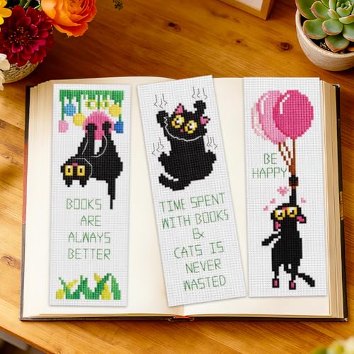 ORIGACH 6 Pcs Black Cat & Quote Cross Stitch Bookmark Kit for Beginners - style: Black Cats & Quotes