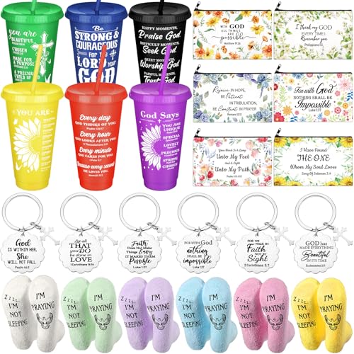 Funnymoom 24 Pcs Floral Christian Church Gifts Bulk for Women 24 oz Religious Plastic Tumbler Cup Bible Verse Makeup Cosmetic Bag Crew Sock Inspirational Keychain for Church Volunteer VBS Appreciation - style: Inspirational Christian