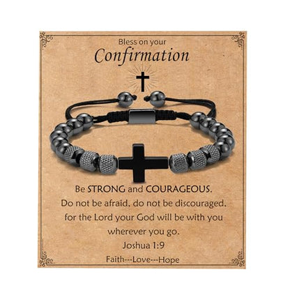 Cross Bracelet for Boys Teens, Adjustable Obsidian Beads Bracelets Christian Religious Jewelry Gifts for Teen Teenage Boys - style: Confirmation