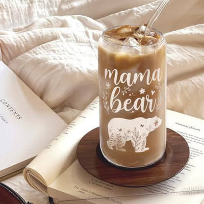 Mom Gifts - Mama Bear 16 Oz Can Glass Tumbler with Bamboo Lid and Straw - Iced Coffee Cups for Women, Aesthetic Glass Cup Gift for Birthday Christmas Mother's Day - color: Mom 4