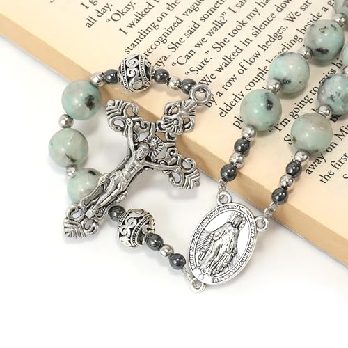Nazareth Store Genuine Rosary Stone Beads Necklace Metal Beaded Glory Beads Miraculous Medal & Silver Cross Crucifix For Men and Womens - color: Dalmation Jasper