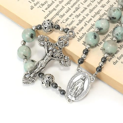 Nazareth Store Genuine Rosary Stone Beads Necklace Metal Beaded Glory Beads Miraculous Medal & Silver Cross Crucifix For Men and Womens - color: Dalmation Jasper