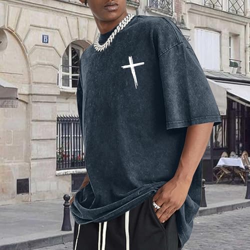 Mens Oversized Christian Shirts Jesus Faith Shirt Funny Gym Graphic Tees God Religious Bible Verse Acid Wash Tshirts - color: Denim Blue, size: Small