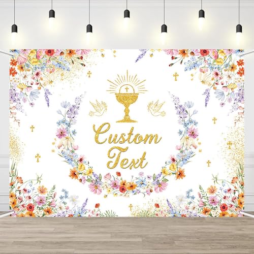 AIBIIN 7x5ft Wildflower First Holy Communion Custom Backdrop Mi Primera Comunión Personalized Party Banner Elegant Floral Baptism Background Gold Chalice Cross Party Decoration - color: Wlidflower Custom, size: 7x5ft