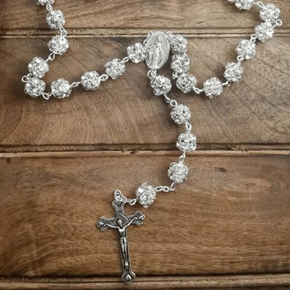 Nazareth Store Colorful Zirconia Crystal Beads Rosary Silver Catholic Necklace with Miraculous Medal Cross Crucifix Multicolor Rosaries in Velvet Bag - color: Clear