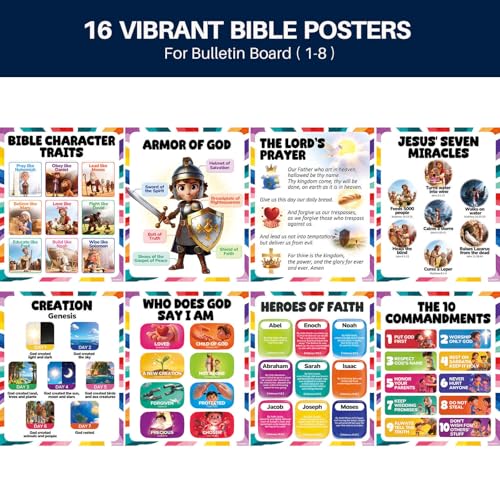 YUSPENYE 16pcs Bible Posters for Kids, 11x14in Sunday School Decor