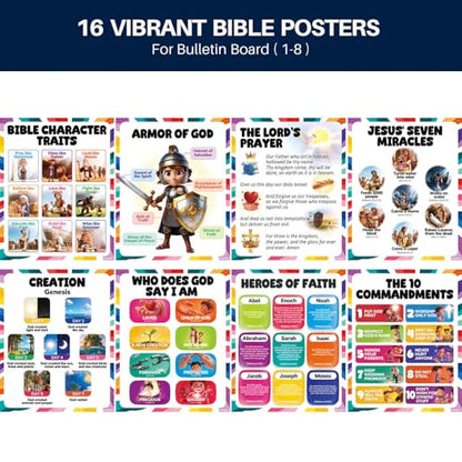 YUSPENYE 16pcs Bible Posters for Kids, 11x14in Sunday School Decor