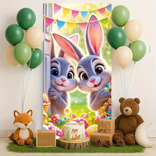 Easter Bunny Peeking Door Banner, 30x75 Inch Large Outdoor Decor with Colorful Bunting and Easter Eggs, Cute Rabbit Spring Party Banner for Front Door Fence Easter Celebration - color: multicolored#mf2602034