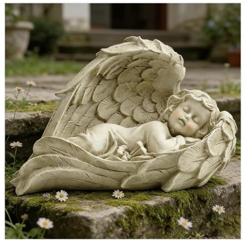 Sleeping Angel Statue, Baby in Wings Cherub Figurine - size: 7.9"H
