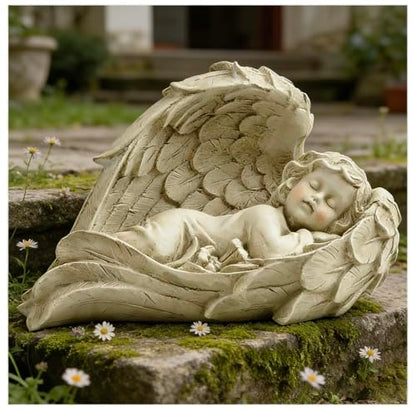 Sleeping Angel Statue, Baby in Wings Cherub Figurine - size: 7.9"H