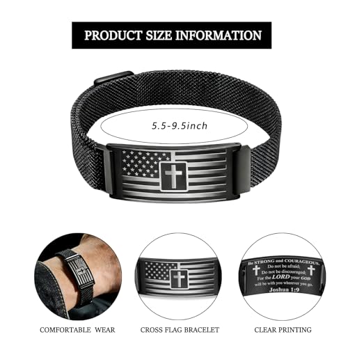 RINHOO Men's American Flag Cross Bracelet Bible Verse Stainless Steel - style: Black-always
