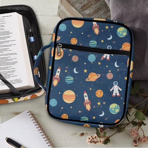 Coldinair Cartoon Bible Covers Bag for Kids,Outer Space Astronaut Carrying Book Case Church Bag Bible Holder with Handle and Zippered Pocket - color: Cartoon Outer Space Astronaut