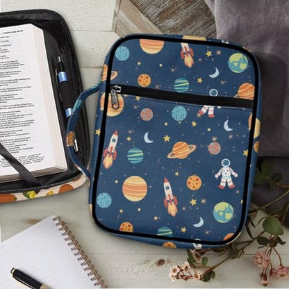 Coldinair Cartoon Bible Covers Bag for Kids,Outer Space Astronaut Carrying Book Case Church Bag Bible Holder with Handle and Zippered Pocket - color: Cartoon Outer Space Astronaut