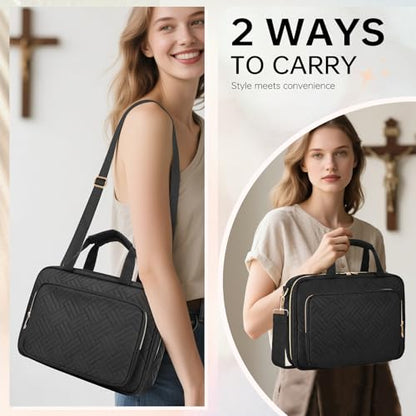 Bible Cover Case for Women Bible Study Supplies Christian Gifts for Women Church Camp Essentials Christian Bible Journaling Kit Quilted Large Bible Cover with Durable Handle (Black, Large) - color: Black