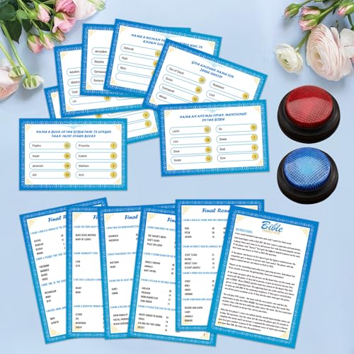 28 Pcs Christian Bible Family Feud Game with 2 Buzzers,Church Game Night, Bible Trivia Games Cards,Team Building & Family Game Night