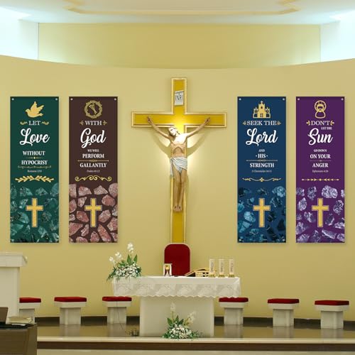 4Pcs Church Banners with Scripture for Sanctuary Wall Worship Classical Christian Banner Inspirational Religious Praise Hanging Sign Marble Backdrop for Christmas Xmas Church Sunday School Decoration