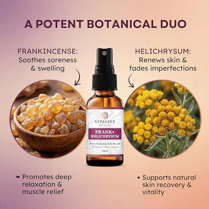 Vitality Extracts Frank+ Helichrysum Essential Oil Blend - 30ml Spray Bottle, Frankincense Boswellia Seratta, Aromatherapy, Soft Skin, Relief from Daily Aches & Soreness, Natural - size: 1.01 Fl Oz (Pack of 1)