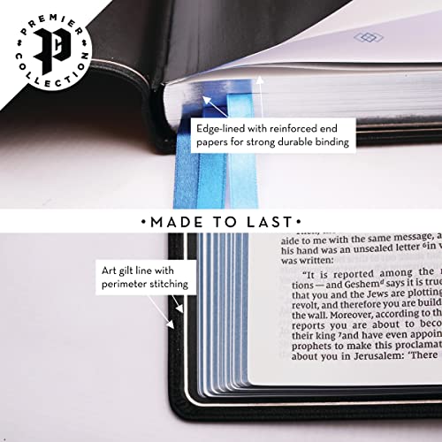 NIV, Thinline Bible, Large Print, Premium Goatskin Leather, Black, Premier Collection, Black Letter, Art Gilded Edges, Comfort Print