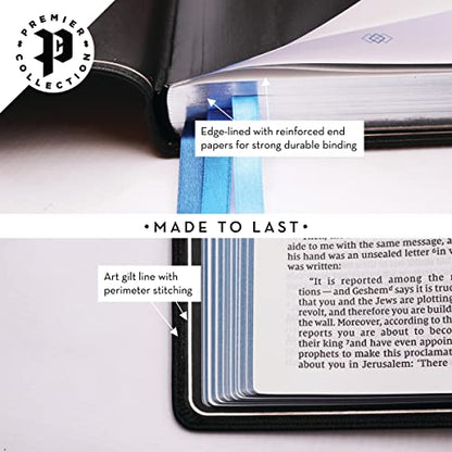 NIV, Thinline Bible, Large Print, Premium Goatskin Leather, Black, Premier Collection, Black Letter, Art Gilded Edges, Comfort Print