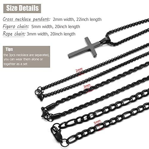 3Pcs Set Cross Necklace for Men, Mens Cross Necklace Cross Chain Layered Stainless Steel Rope Figaro Chains for Women Boys Gold Silver Black (20inch/22inch) - color: Black