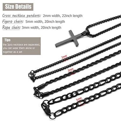 3Pcs Set Cross Necklace for Men, Mens Cross Necklace Cross Chain Layered Stainless Steel Rope Figaro Chains for Women Boys Gold Silver Black (20inch/22inch) - color: Black
