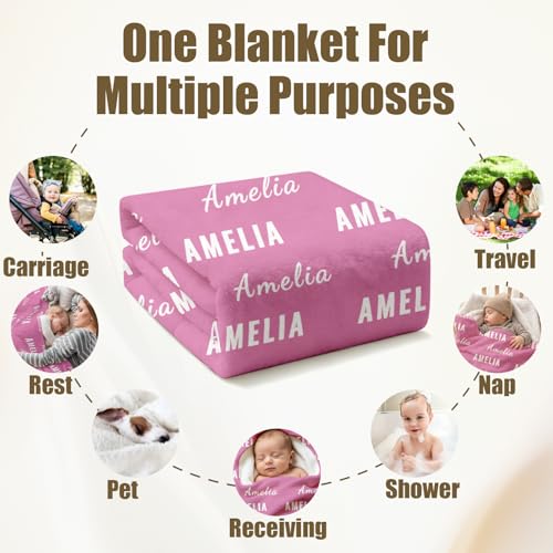 Ships Next Day, Personalized Baby Blanket with Name - Custom Newborn Hospital Swaddle Blanket, Super Soft Plush Flannel Baby Gift for Birth Announcement Shower Easter Gifts for Toddler Kids - color: Pink