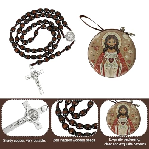Wooden Catholic Rosary Beads, Rosarios Catolicos with Decorative Prayer Box - color: Brown (7)