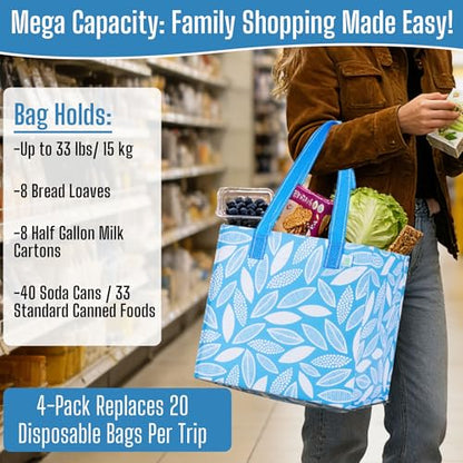 VENO 4 Pack Large Grocery Bag Reusable Shopping Bags with Hard Bottom - color: Spring Breeze