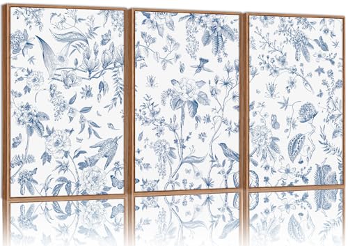 KaiWithYuan Large Navy Blue and White Floral Framed Canvas Wall Art, Classic Chinoiserie Peony Flower Wall Decor, Indigo Birds Art Paintings, Botanical Artwork for Living Room Bedroom Office 16"x24"x3 - color: Navy Blue and White Floral