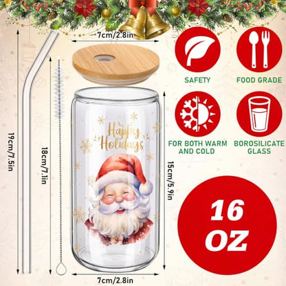 Teenyyou 12 Sets Christmas Glasses Cups with Bamboo Lid and Glass Straw, 16 oz Red Buffalo Plaid Christmas Glass Jar Drinking Cups, Festive Santa Snowman Elk Coffee Cup for Xmas Holiday Party Gifts - style: Red Black Plaid