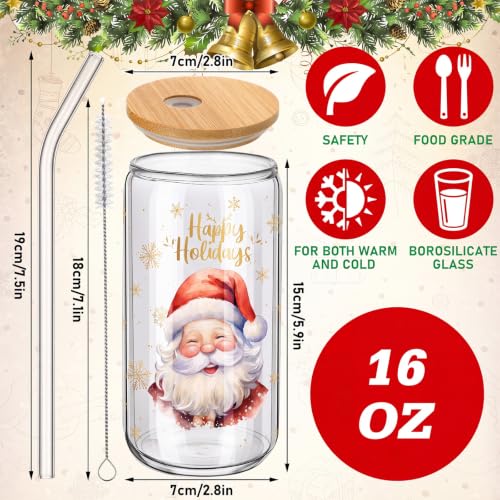 Teenyyou 12 Sets Christmas Glasses Cups with Bamboo Lid and Glass Straw, 16 oz Red Buffalo Plaid Christmas Glass Jar Drinking Cups, Festive Santa Snowman Elk Coffee Cup for Xmas Holiday Party Gifts - style: Red Black Plaid