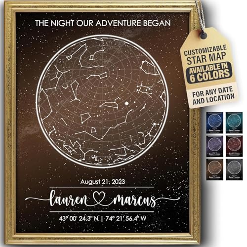 Custom Star Map - Fully Personalized (Your Details, Size, Color, Framing) | Romantic Gifts for Her | Gifts for Husband | Paper Anniversary Art Print | Great Gift for Special Ocassions (e.g. Wedding, Birthday, etc) - color: Brown, size: 11x14, style: Glow