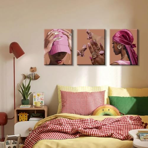 Black Girl Poster Pink Bedroom Wall Decor Set of 3 - color: Framed 12"x16" Black Girl Wall Art Set of 3