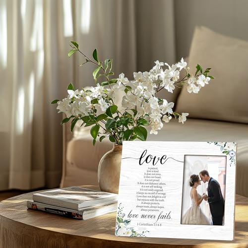 Christian Wedding Picture Frame - Wedding Gifts for Newlyweds Couple, Love Is Patient Love Is Kind Floral Bible Verse Love Wooden Photo Frame for Tabletop or Wall Hanging 4x6 Inch - color: Brown
