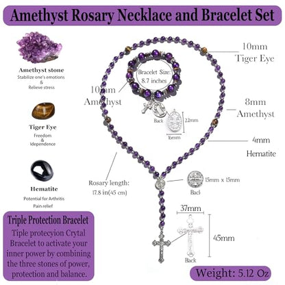 Rosary for Men Women, Natural Stone Beads with St. Benedict Bracelet - color: Purple