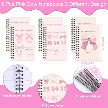 Wxiben Pink Bow Spiral Notebooks Set 12 Pieces Coquete Bow Journal with Inspirational Bible Ballpoint Pens Christian Scripture Prayer Hardcover Notebook Gifts for Women Office School Church Supplies
