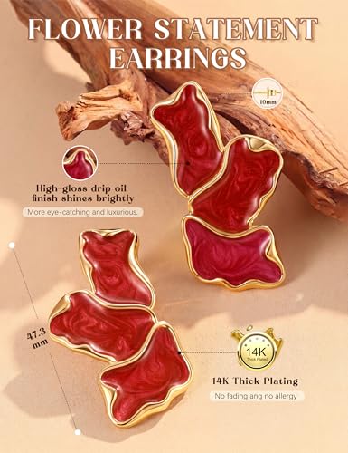 S925 Sterling Silver Flower Statement Earrings For Women Trendy - color: light red