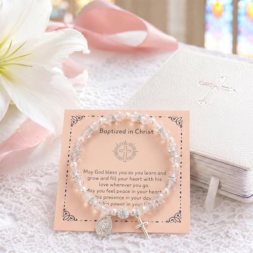 Women Stretch Rosary Bracelet Beaded Crucifix & Miraculous Medal - color: baptized christ1