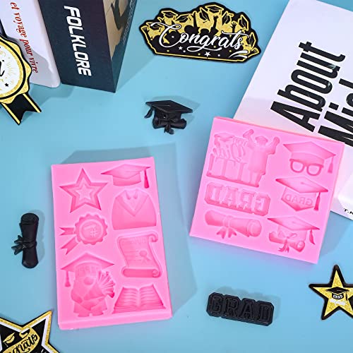 Whaline 2Pcs Congrats 2026 Graduation Fondant Molds Grad Theme 3D Silicone Moulds Bachelors Cap Scroll Resin Molds Graduation Uniform Cupcake Cookie Baking Moulds for 2026 Graduation Party DIY Candy - style: Graduation