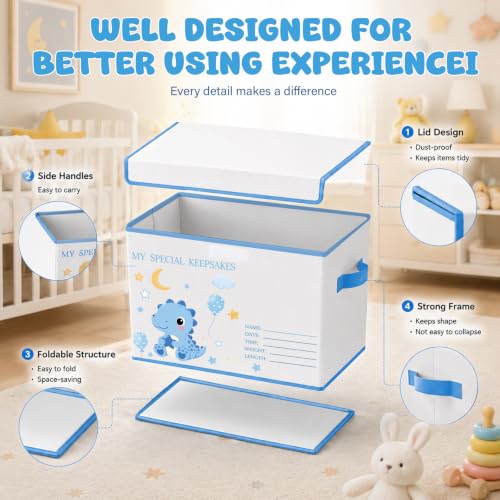 Baby Memory Keepsake Box 16x12x12 Inch Elephant Dinosaur Pattern - color: blue