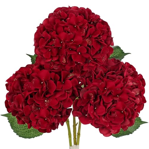Hollyone 3Pcs Christmas Red Hydrangea Artificial Flowers 7.8inch Burgundy Hydrangeas Glitter Faux Hydrangea Flowers with Stems Fake Flower Arrangements Bouquets Floral Party Xmas Home Decor Large - color: Large
