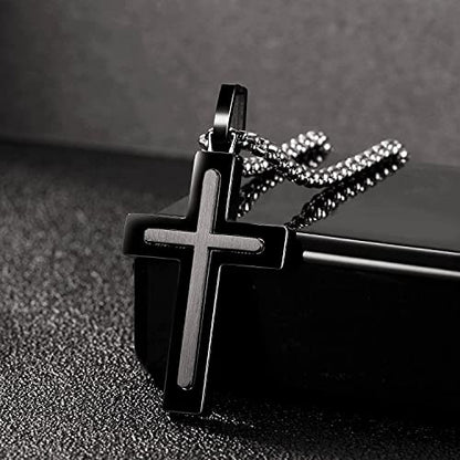 Holizaly Men's Cross Necklace 316L Stainless Steel Pendant White/Gold/Black/Blue Rolo Chain-Gift Box Included - color: Silver
