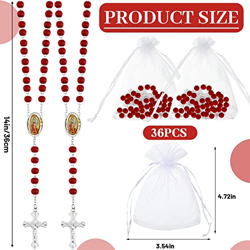 Taiyin 36 Pcs Wooden Bead Rosary Necklace with Crucifix and Our Lady of Guadalupe Scented First Communion Rosary with 36 Organza Bags Baptism Favors Catholic Gift for Men Women - color: Red