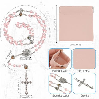 Rosary Beads Catholic, Rosary Necklace with Leather Pouch with Magnetic Top Bag for Men and Women Christian Gifts - color: Pink