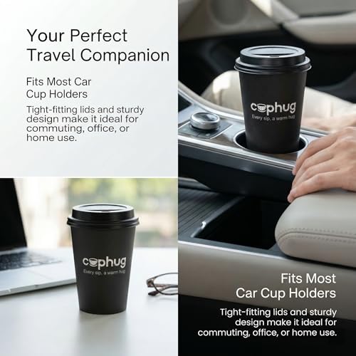 16oz Disposable Coffee Cups with Lids, Kraft Sleeves & Straws, 100 Pack Black Paper Hot Drink Cups - color: Black, size: 16oz-100Pack