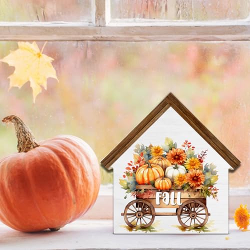 Fall Sign Decor, Pumpkin Harvest House Shaped Wood Block Sign - color: Fall-1