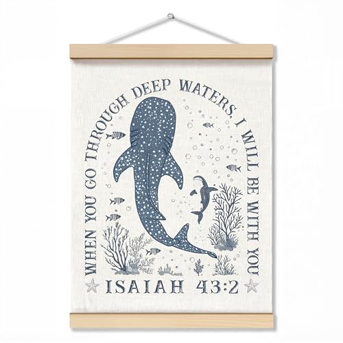 ZNGFON Trendy Whale Shark Christian Wall Decor, When You Go Through Deep Waters I Will Be With You Isaiah 43:2 Wall Art Poster with Wooden Frame, Blue Bible Verse Wall Hanging Home Decor, 12x16 Inch - color: COW 07, size: 16"L x 12"W