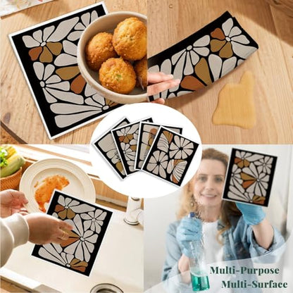Swedish Dishcloths for Kitchen, Boho Floral Botanical Swedish DishCloths, Papaya Reusable Paper Towels Washable, 4 Pcs Dish Towels for Kitchen Party Home Housewarming Cleaning Cloths - color: Flower 12