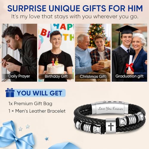 Men's Leather Cross Bracelet - Silver Double Row Braided Leather Cross Bracelet for Men with Inspirational Bible Verse Card, Faith Christian Religious Gift for Husband Son on Baptism Easter Birthday - color: Love you forever